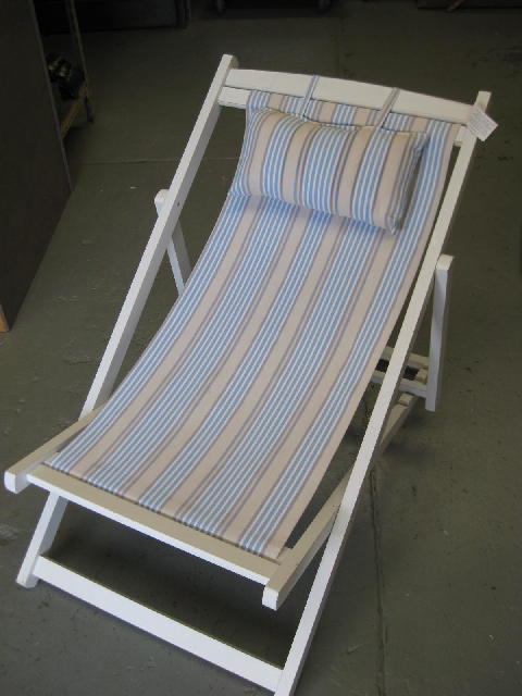 CHAIR, Deck Chair - Light Blue, White & Beige, White Timber Frame